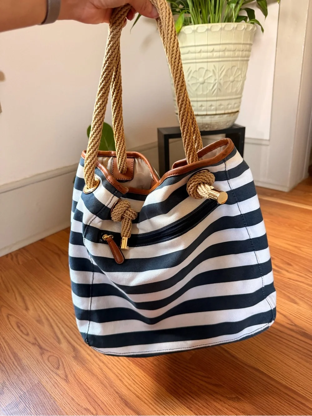 Michael Kors Marina Navy and White Striped Rope-Handle Tote Like New - Picture 4 of 12